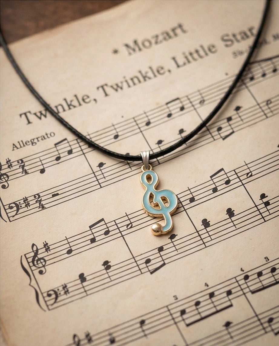 Gold and Light Blue Treble Clef Necklace