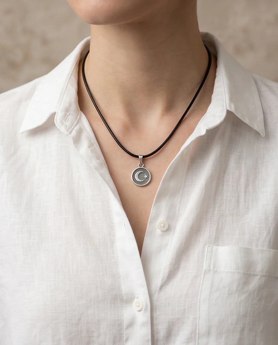 Silver Crescent Moon and Star Necklace
