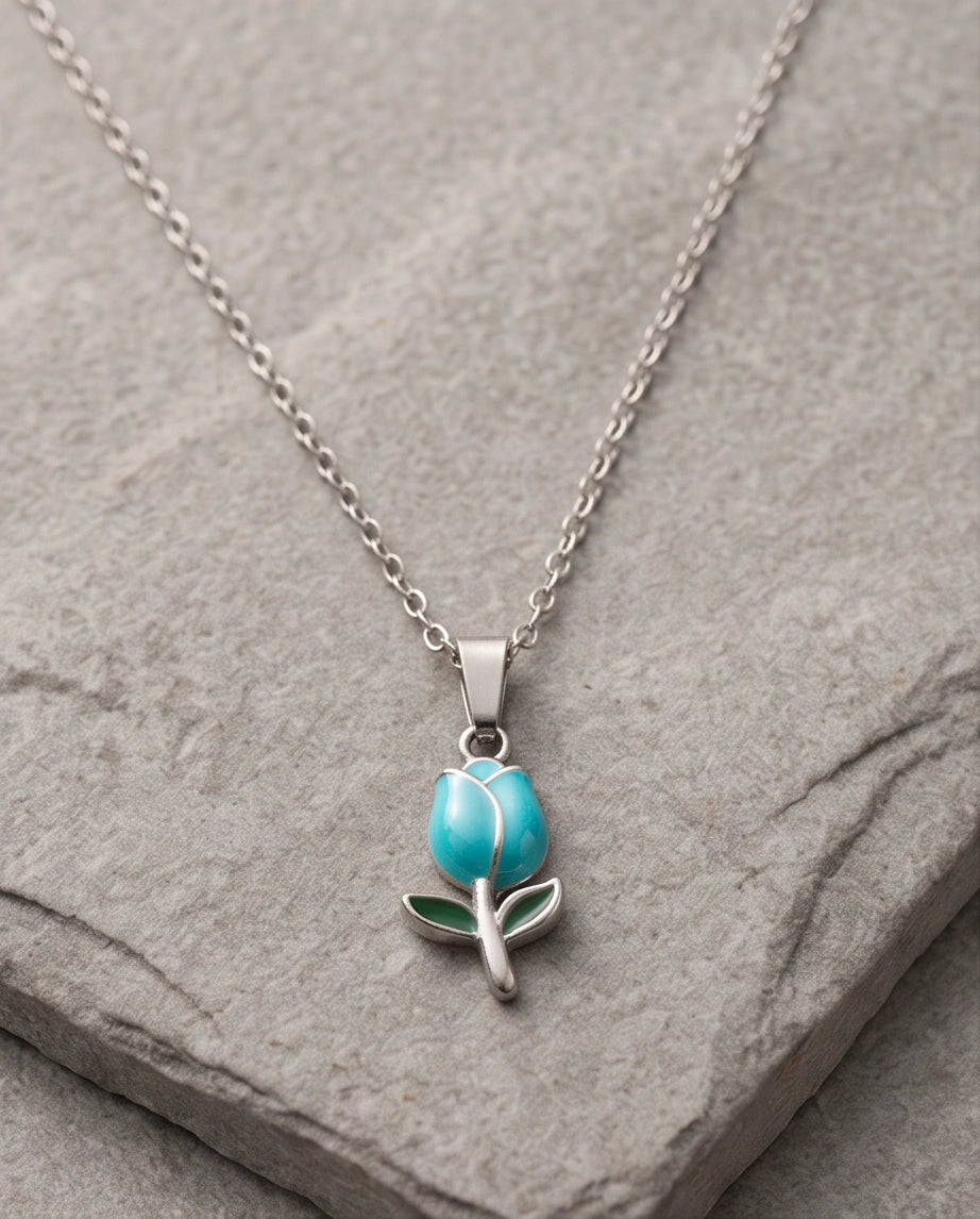 Silver Light Blue Enamel Tulip Pendant Necklace