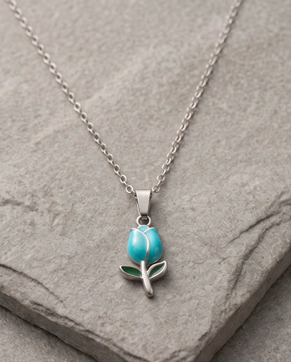 Silver Light Blue Enamel Tulip Pendant Necklace