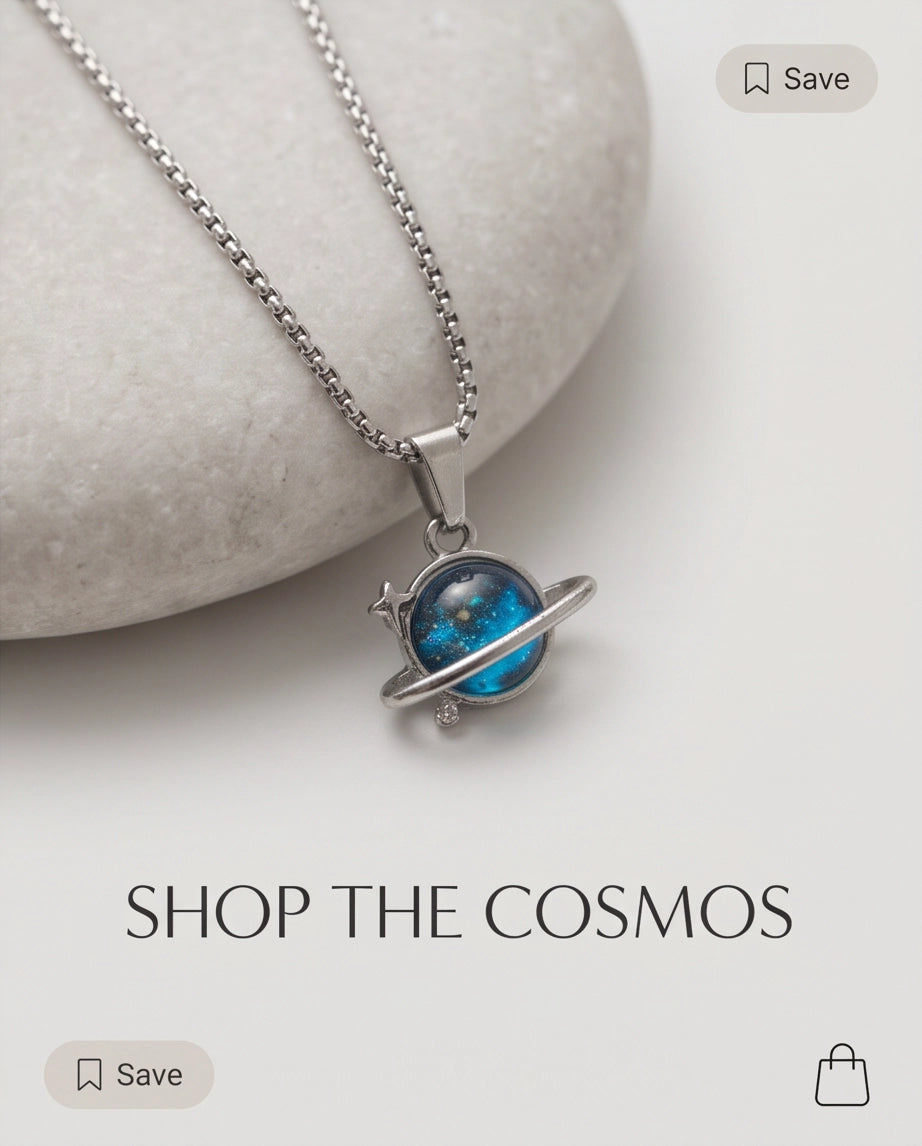 Silver Cosmic Saturn Galaxy Ring Pendant Necklace