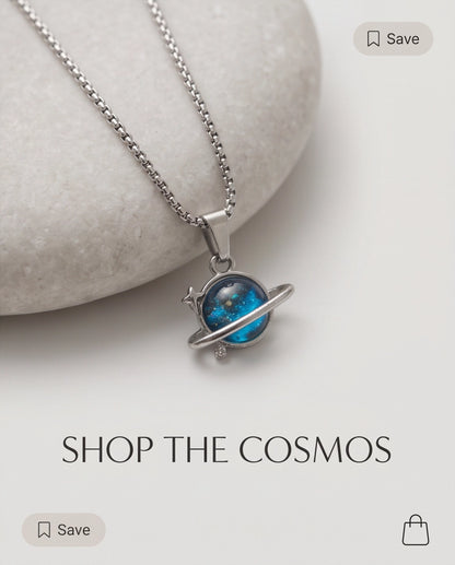 Silver Cosmic Saturn Galaxy Ring Pendant Necklace