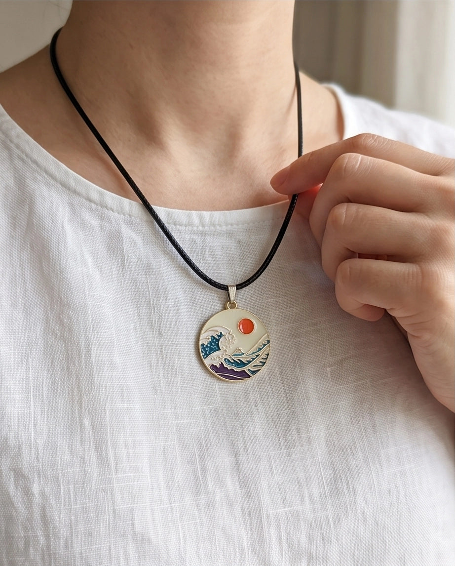 Great Wave & Sun Medallion Pendant Necklace