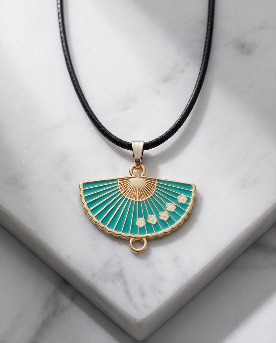 Teal Floral Fan Pendant Necklace