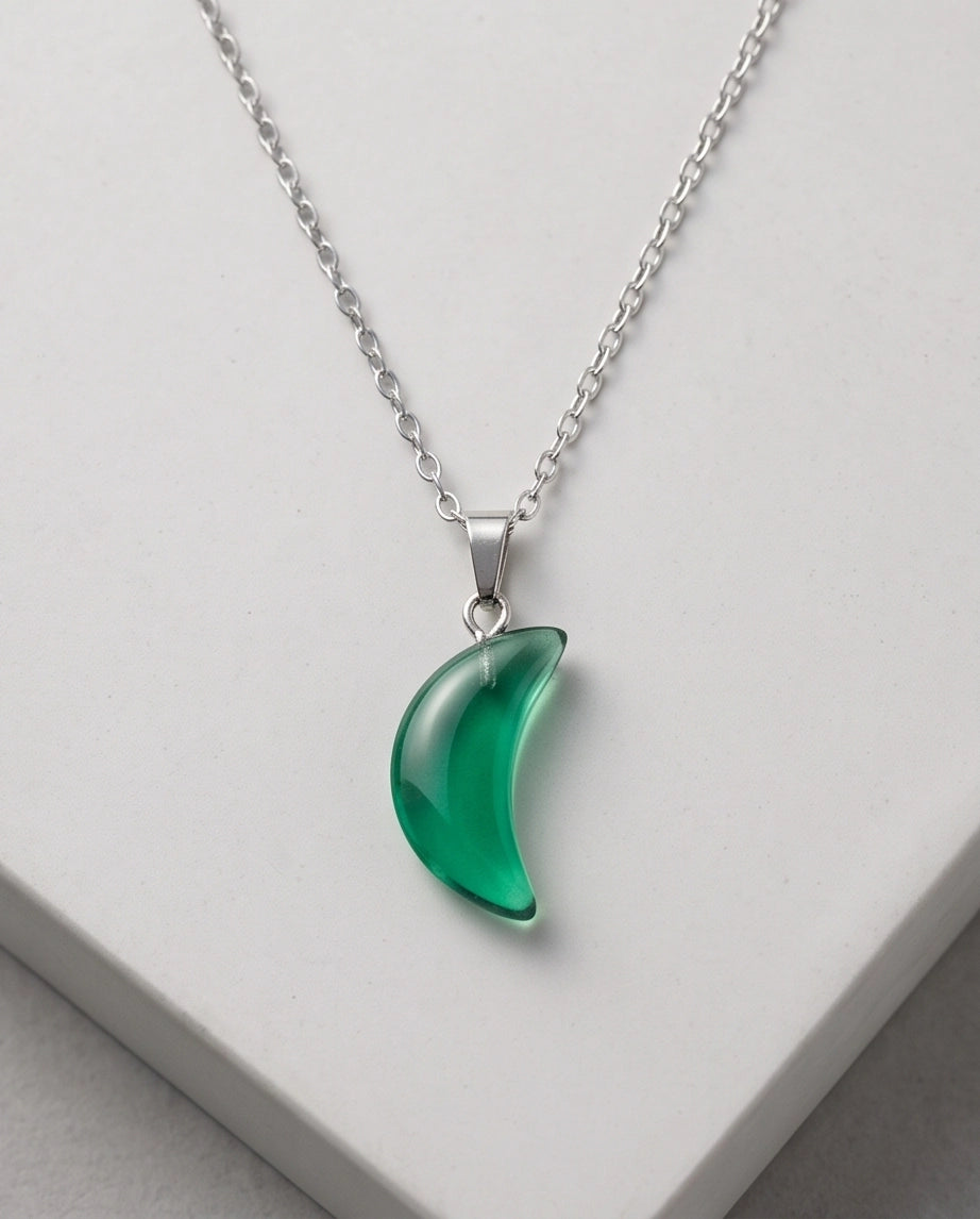 Silver Emerald Green Crescent Moon Pendant Necklace