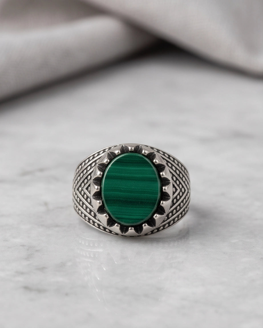 Malachite-Style Oval Cabochon Crown Bezel Chevron Stippled Silver Ring