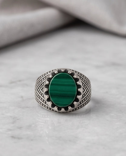Malachite-Style Oval Cabochon Crown Bezel Chevron Stippled Silver Ring