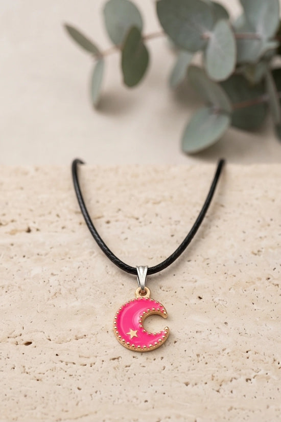 Gold and Pink Celestial Crescent Moon Necklace