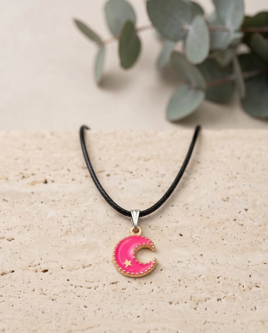 Gold and Pink Celestial Crescent Moon Necklace