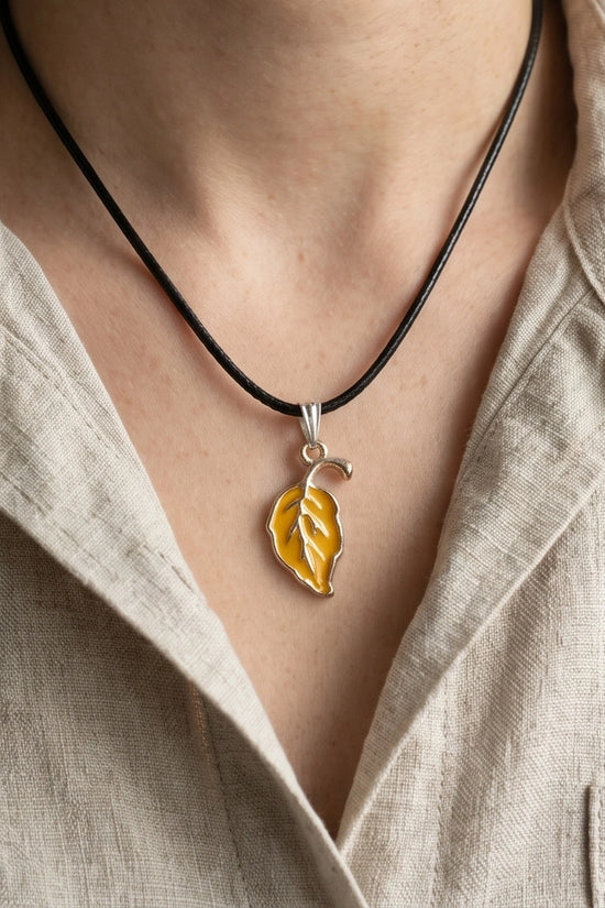Golden Autumn Leaf Enamel Pendant Necklace