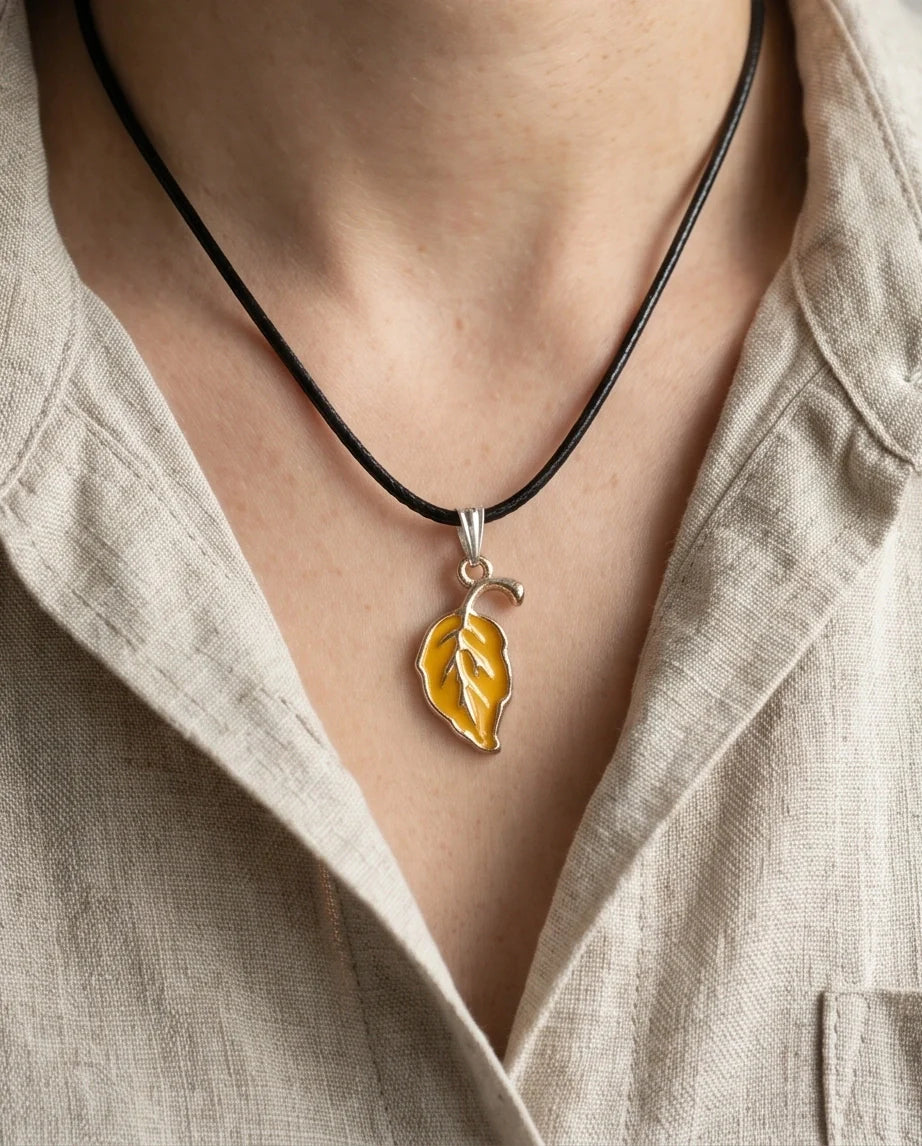 Golden Autumn Leaf Enamel Pendant Necklace