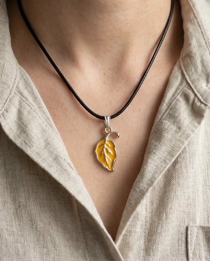 Golden Autumn Leaf Enamel Pendant Necklace
