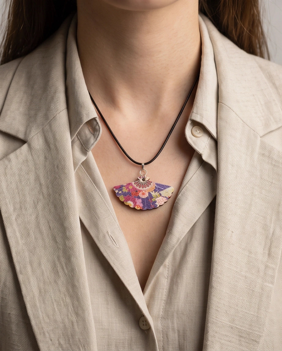 Vintage Purple Floral Hand-Fan Pendant Necklace