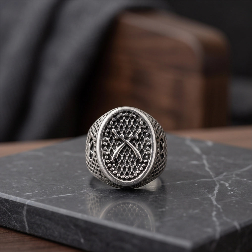 Crossed Scimitars Mesh Signet Ring