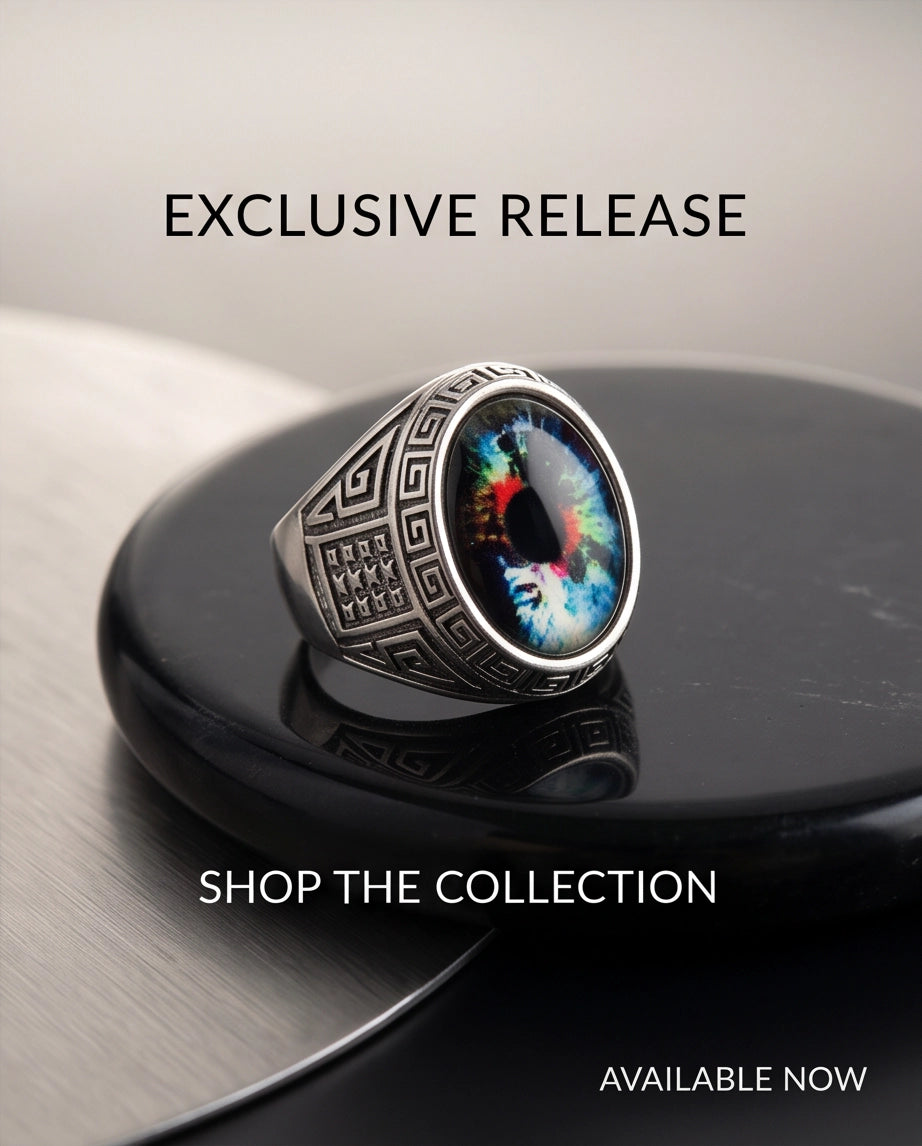 Cosmic Multi-Color Tie-Dye Cabochon Greek Key Silver Ring