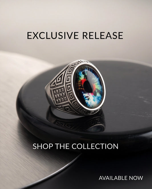Cosmic Multi-Color Tie-Dye Cabochon Greek Key Silver Ring