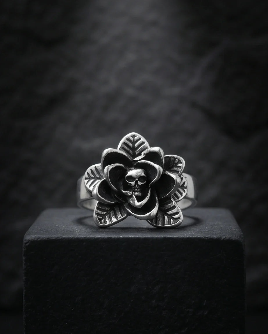 Gothic Sterling Silver Skull Rose Ring