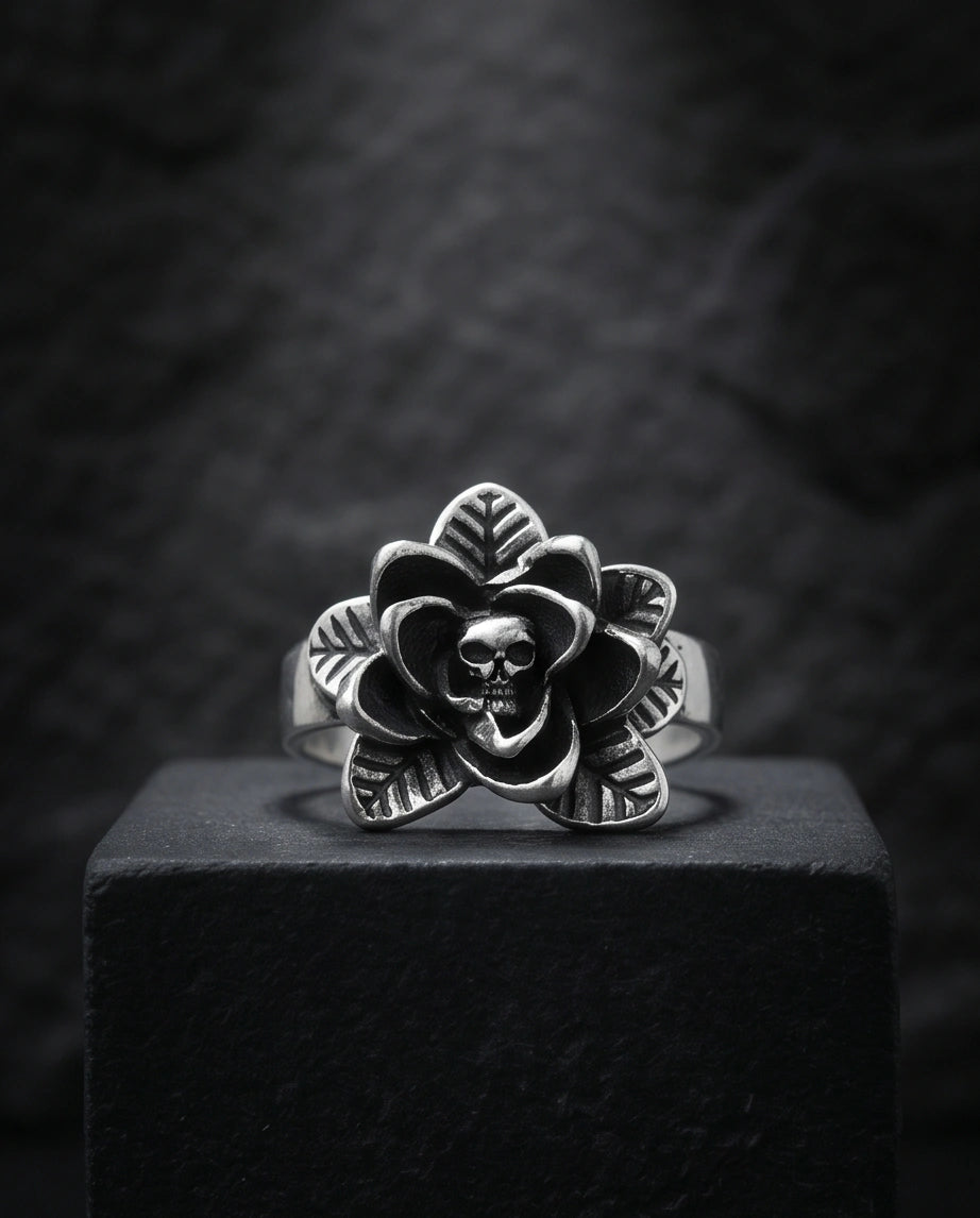 Gothic Sterling Silver Skull Rose Ring