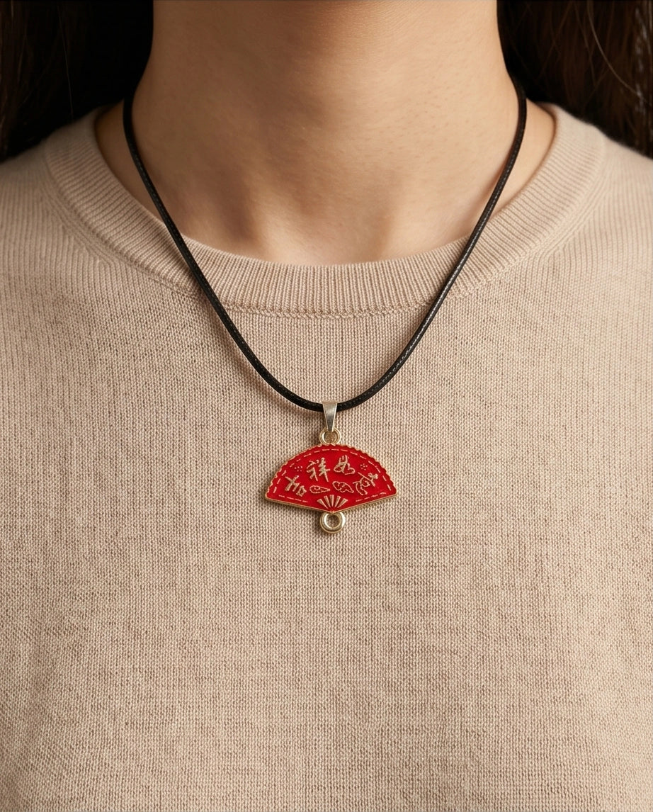 Traditional Red Folding Fan "Ji Xiang Ru Yi" Pendant Necklace