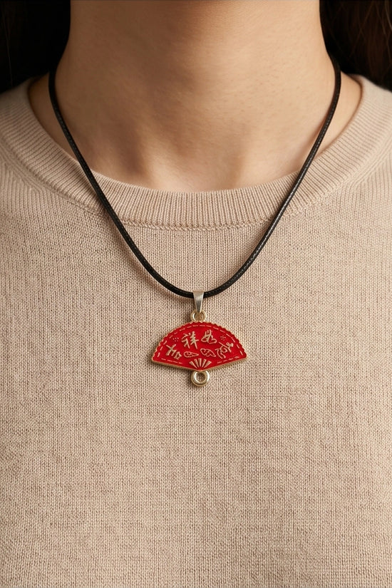 Traditional Red Folding Fan "Ji Xiang Ru Yi" Pendant Necklace