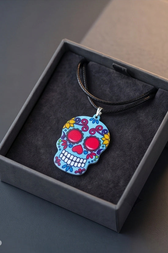 Vibrant Light Blue Sugar Skull Día de los Muertos Pendant Necklace