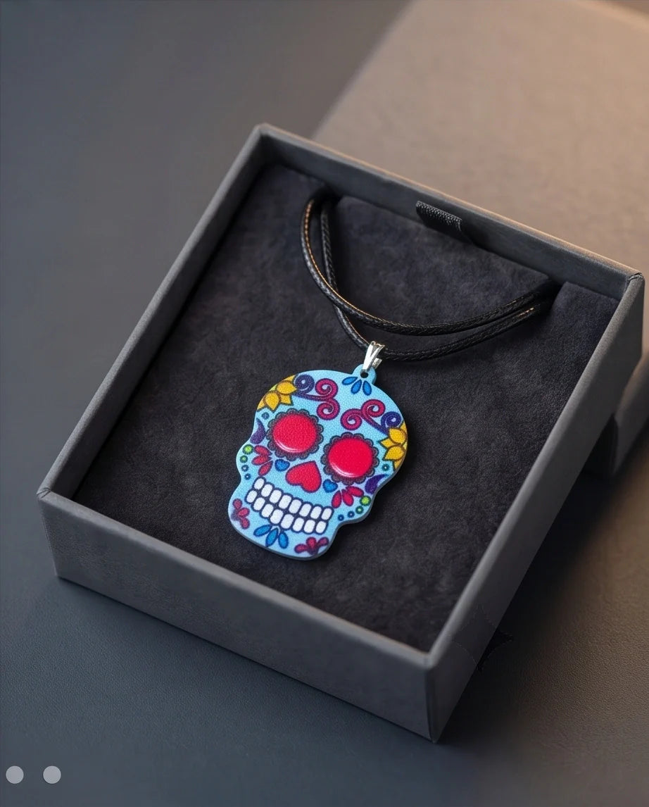 Vibrant Light Blue Sugar Skull Día de los Muertos Pendant Necklace