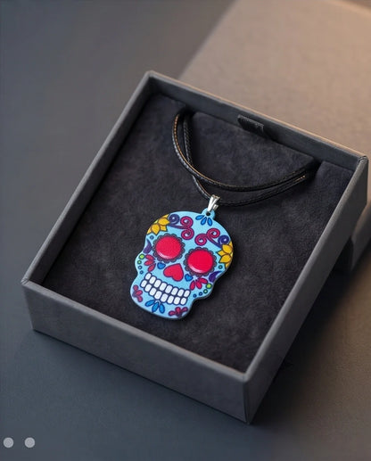Vibrant Light Blue Sugar Skull Día de los Muertos Pendant Necklace