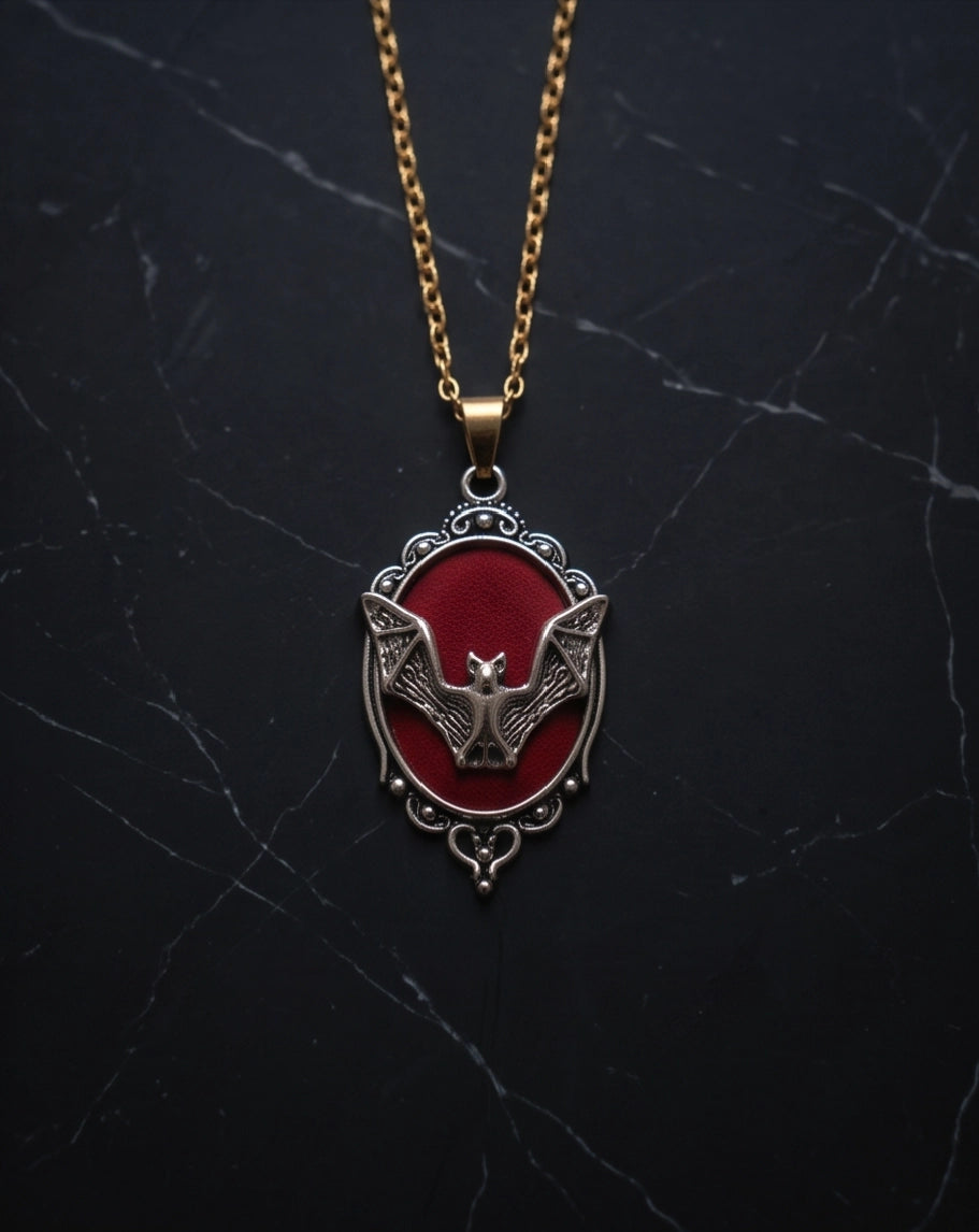 Antique Silver Gothic Bat Red Enamel Medallion Chain Necklace