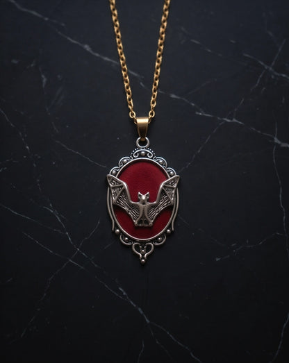 Antique Silver Gothic Bat Red Enamel Medallion Chain Necklace