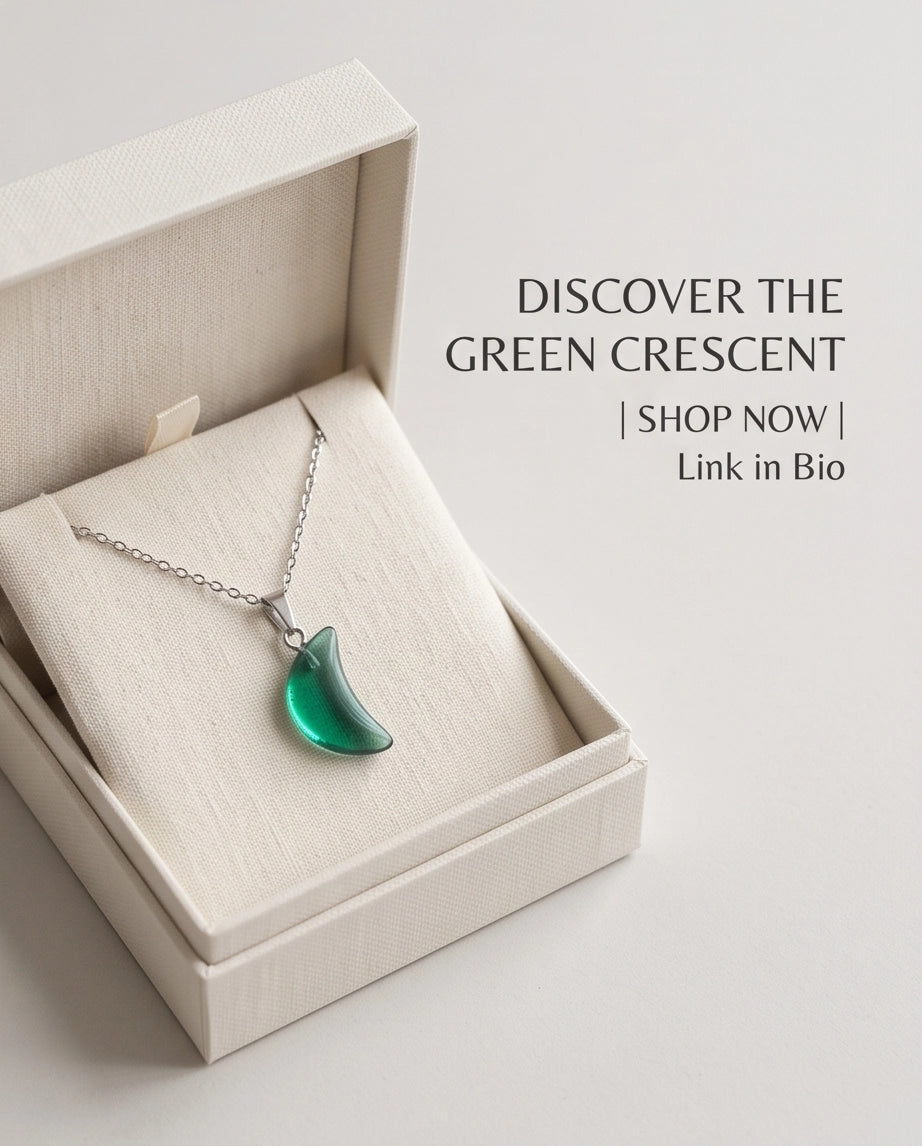 Silver Emerald Green Crescent Moon Pendant Necklace