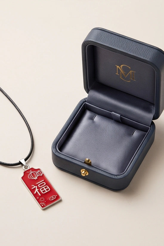 Traditional Red Rectangular "Fu" Blessings Pendant Necklace