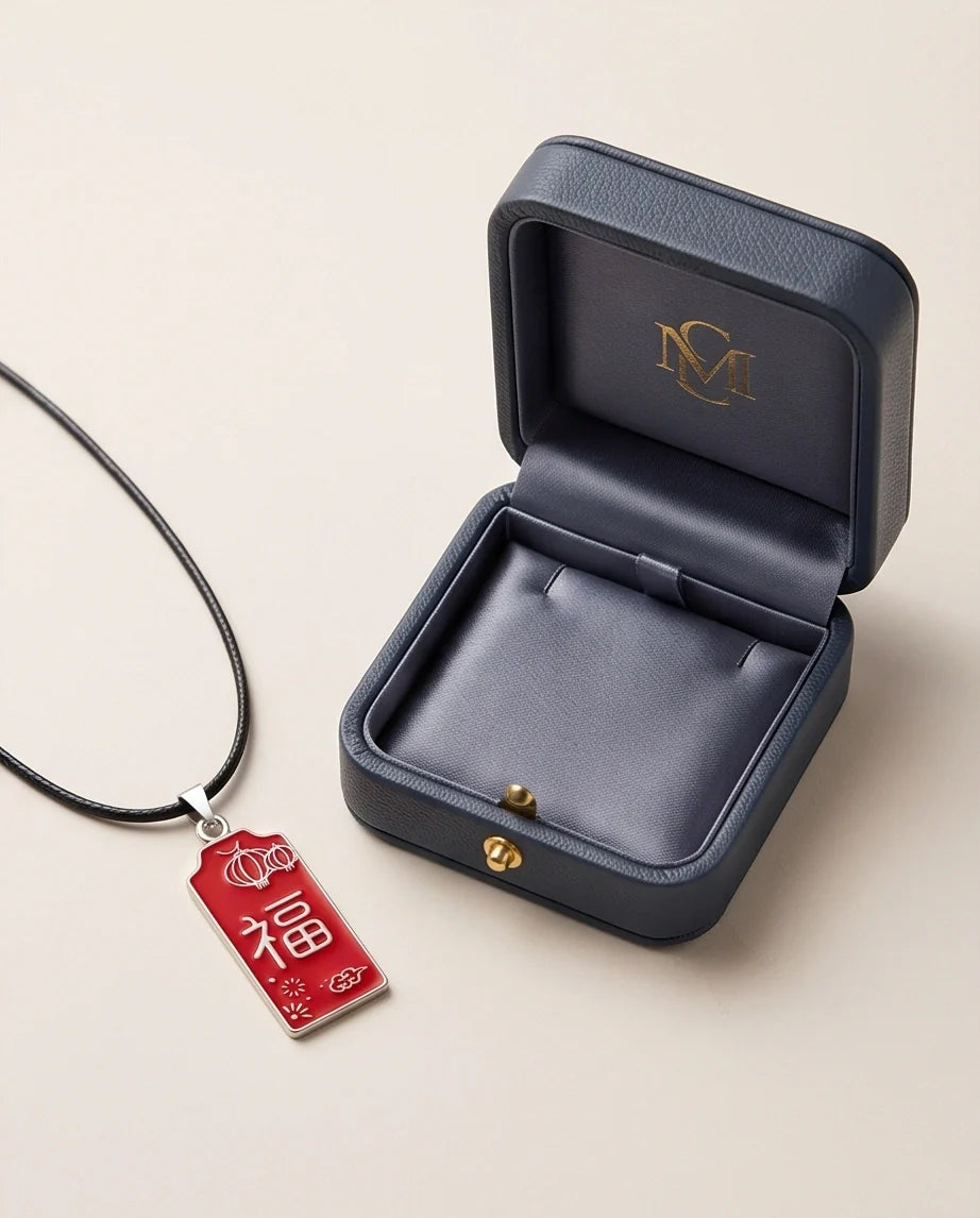 Traditional Red Rectangular "Fu" Blessings Pendant Necklace