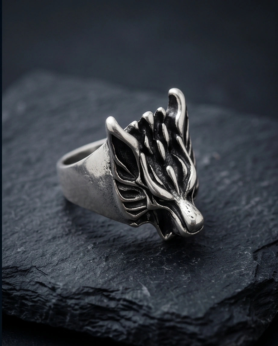 Vintage Oxidized Silver Mythical Wolf Crest Ring