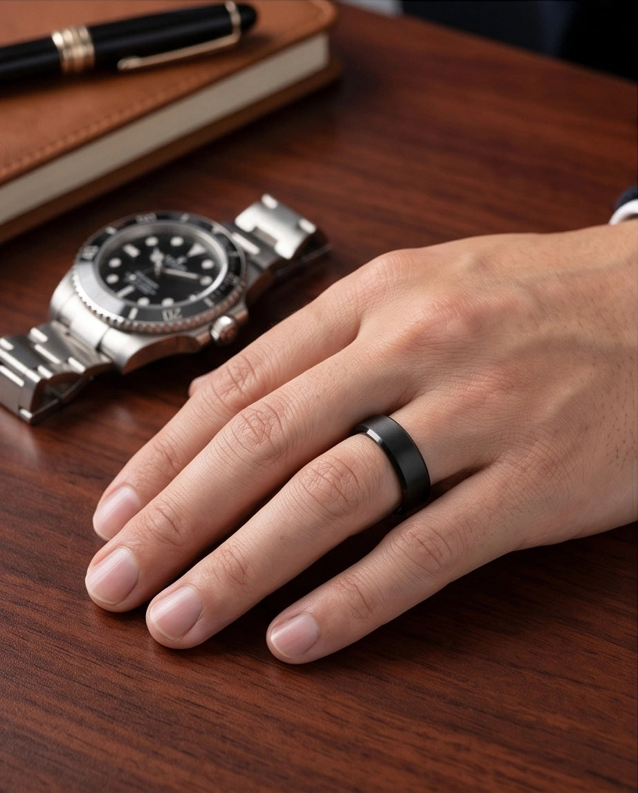 Minimalist Matte Black Beveled Band Ring