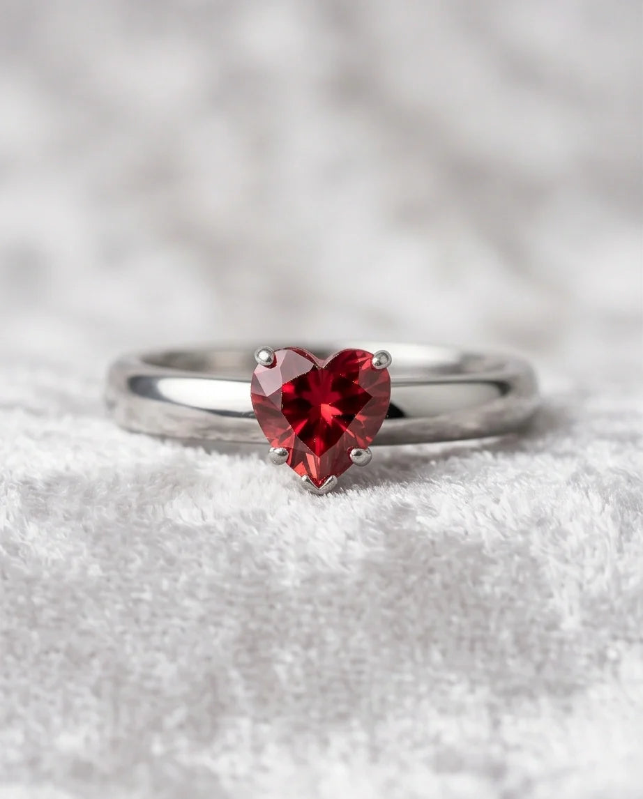 Sterling Silver Heart-Cut Crimson Ruby Solitaire Ring