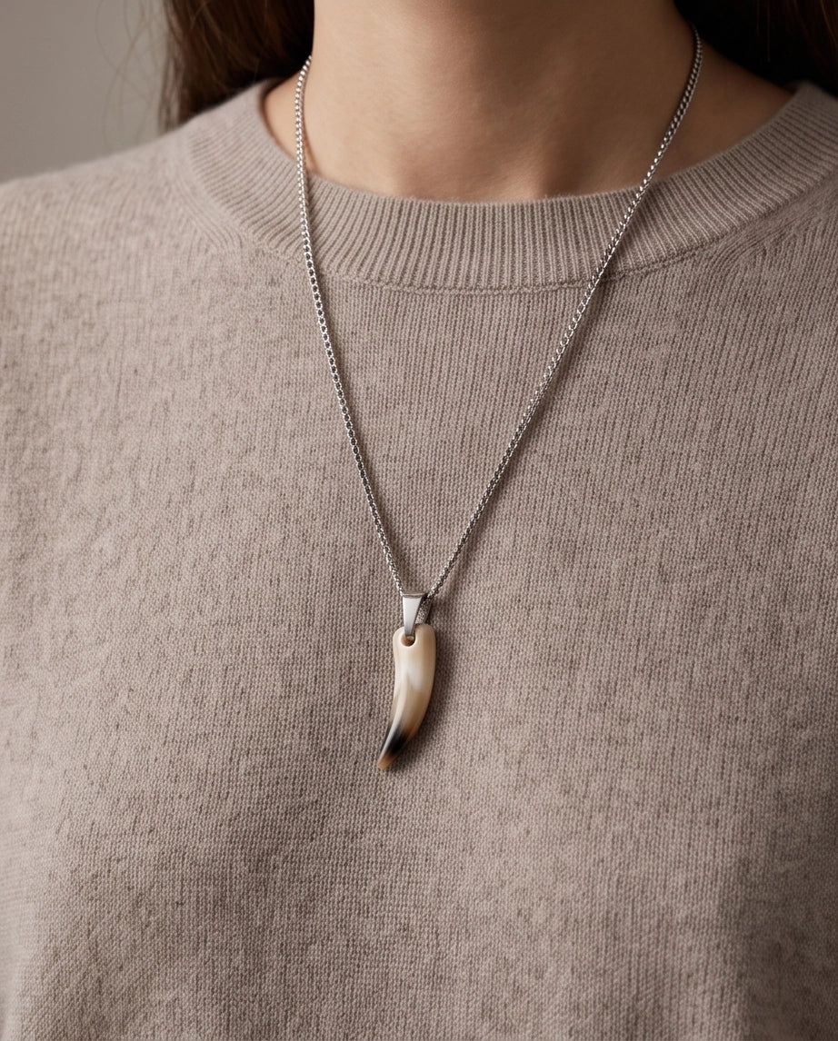 Silver Agate Tooth Pendant Chain Necklace