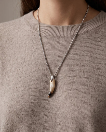 Silver Agate Tooth Pendant Chain Necklace