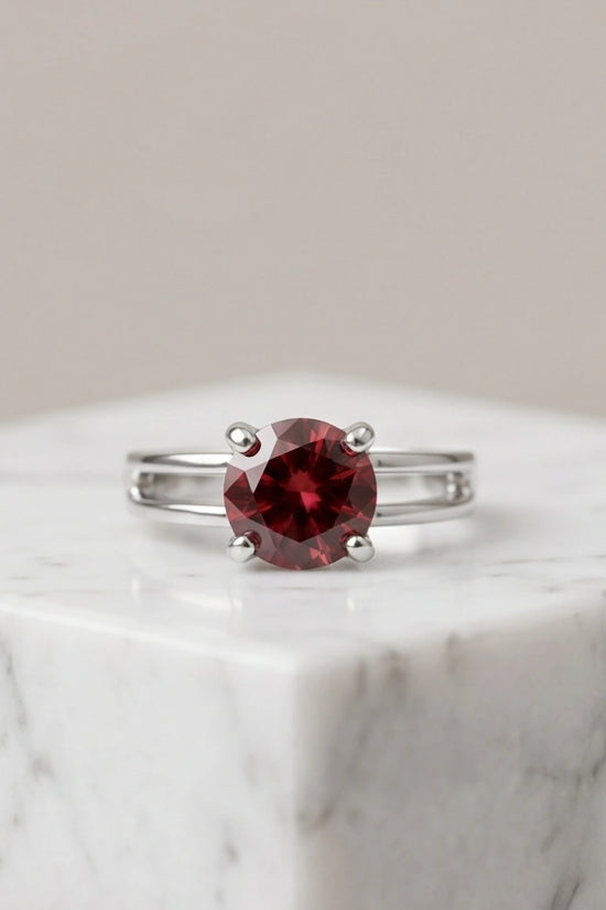 Sterling Silver Round-Cut Split Shank Garnet Red Solitaire Ring