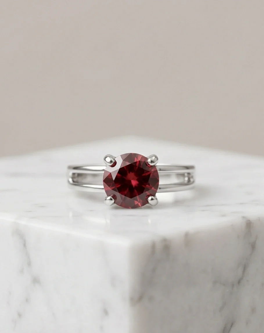 Sterling Silver Round-Cut Split Shank Garnet Red Solitaire Ring