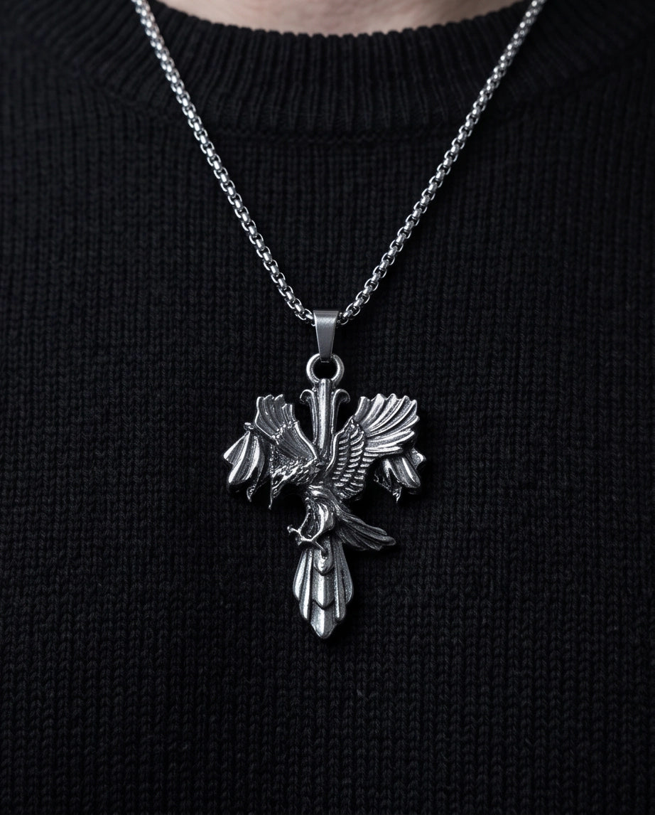 Silver Raven Gothic Cross Pendant Necklace