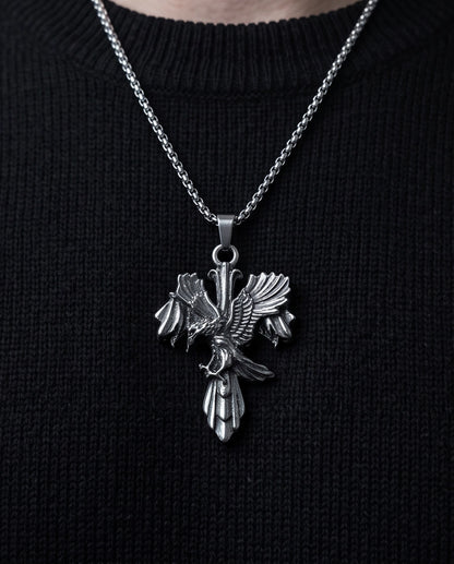 Silver Raven Gothic Cross Pendant Necklace
