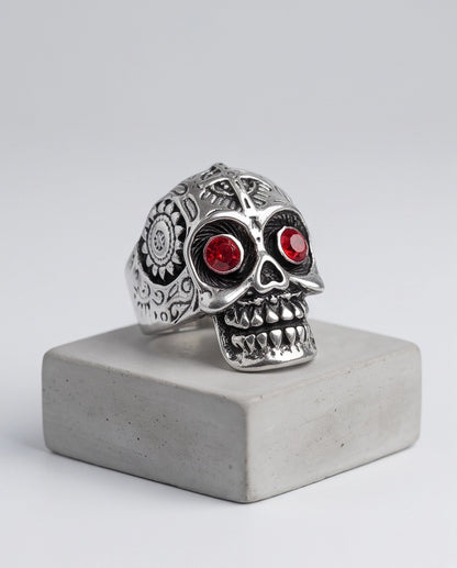 Ruby-Eyed Filigree Skull Band Silver Ring