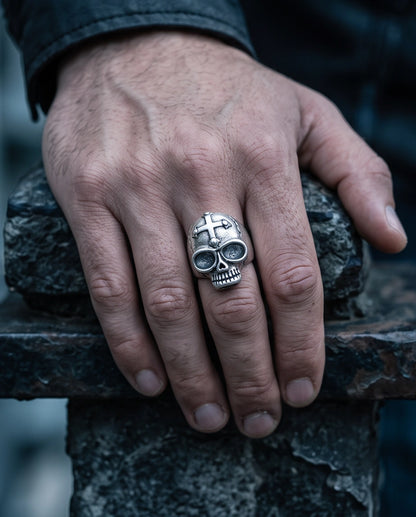 Gothic Cross-Embossed Anatomical Skull Silver Ring
