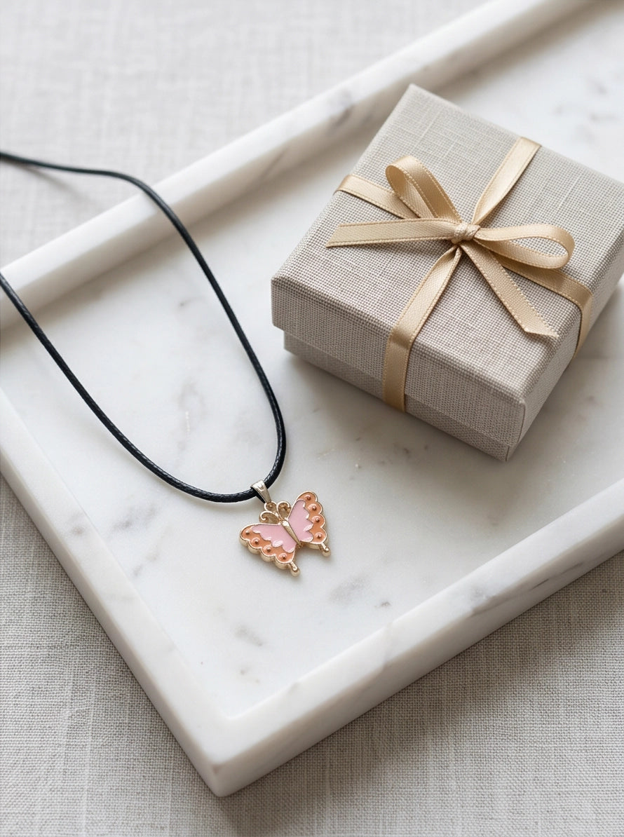 Pink & Peach Enamel Butterfly Pendant Necklace
