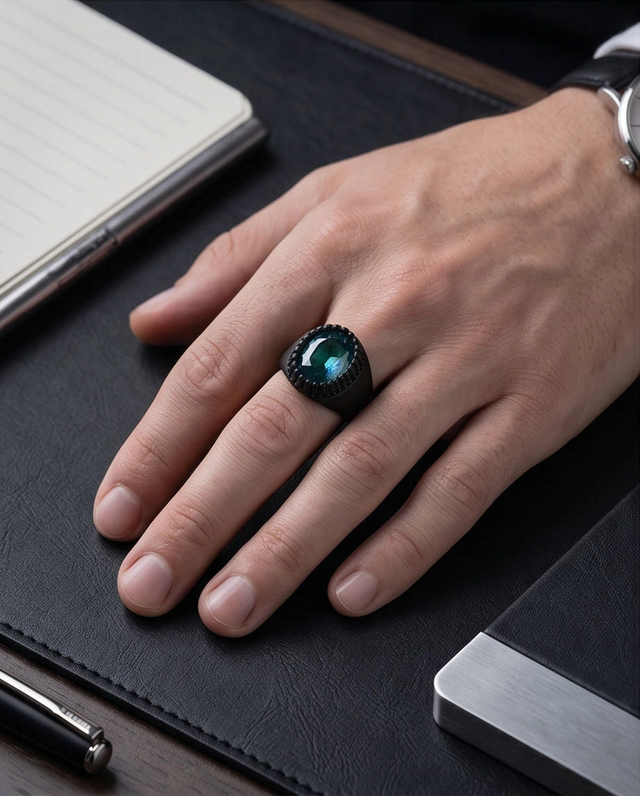 Matte Black Oval Teal Tourmaline Signet Ring