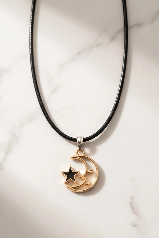 Gold Crescent Moon and Black Star Necklace