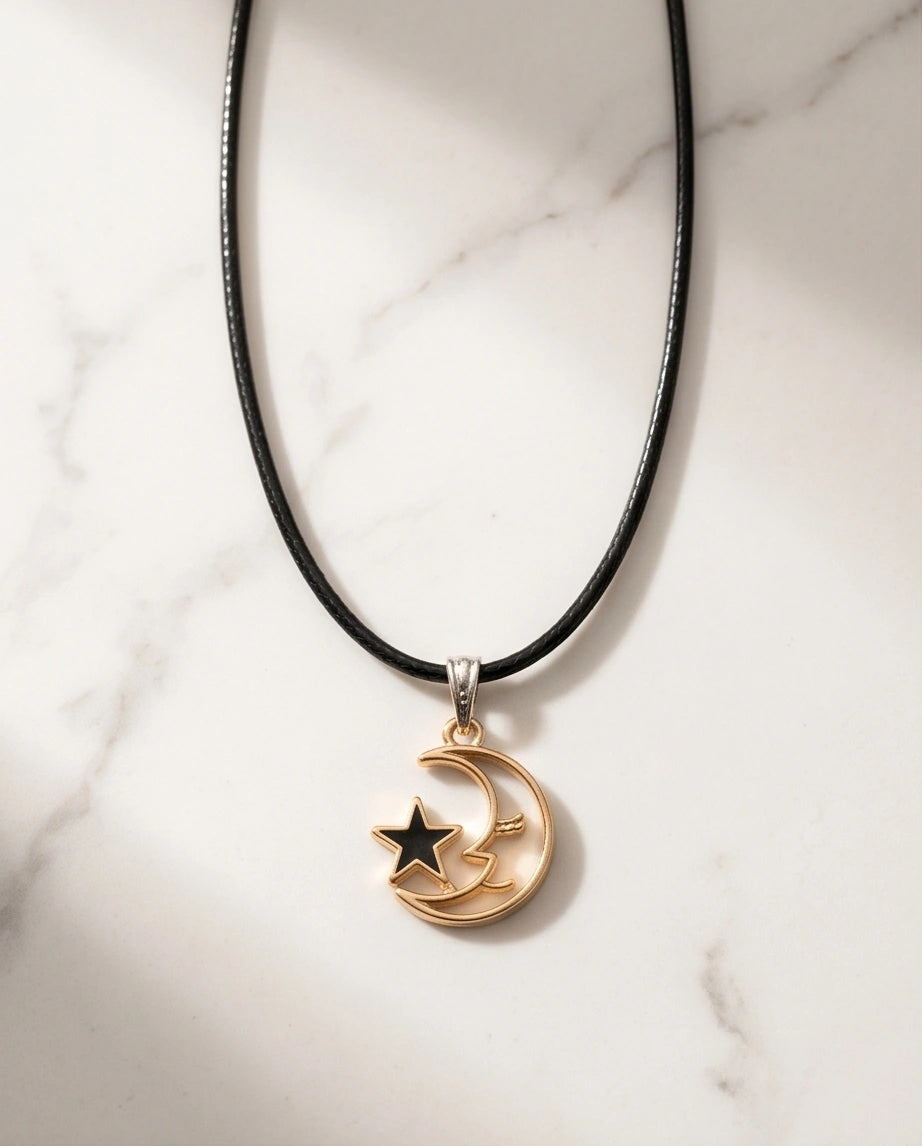 Gold Crescent Moon and Black Star Necklace