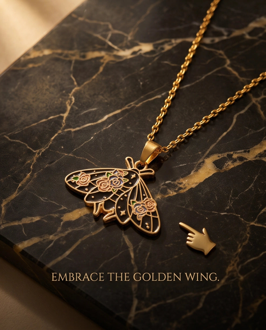 Gold Floral Moth Enamel Chain Necklace