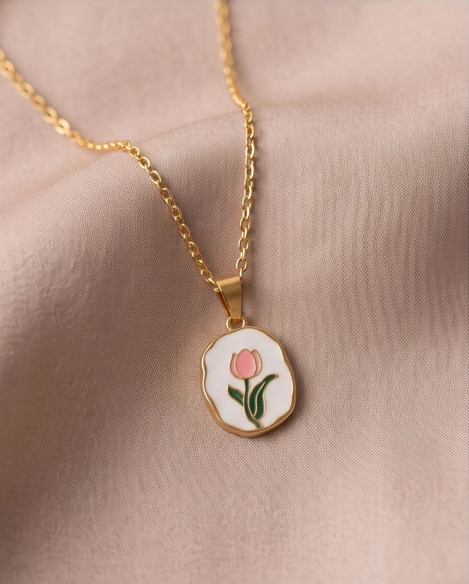 Gold Pink Tulip Enamel Medallion Chain Necklace