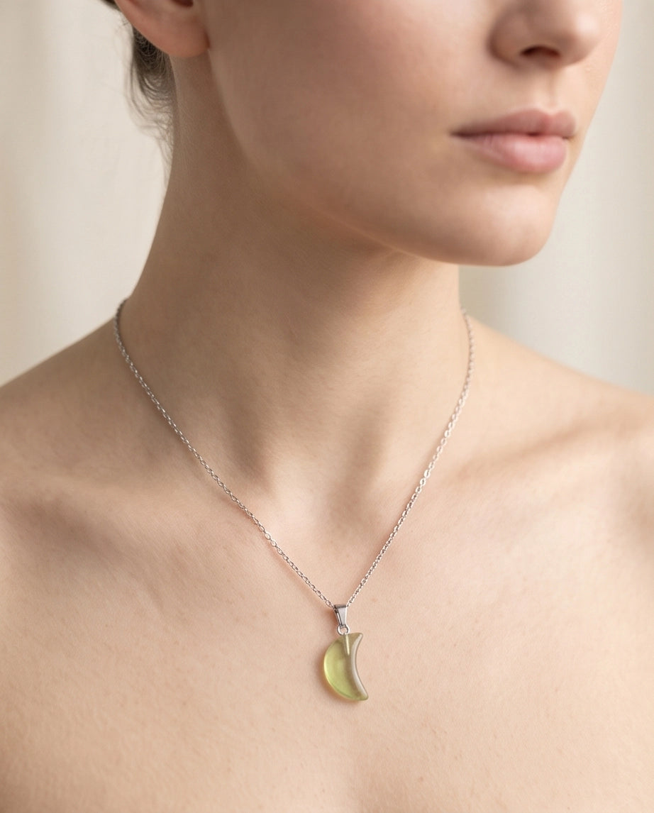 Silver Fluorite Light Green Crescent Moon Pendant Necklace